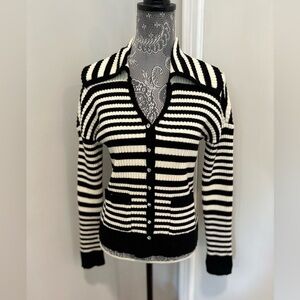 Bagatelle Womens Sz:M Silver Button Cardigan Sweater Black White Stripes.